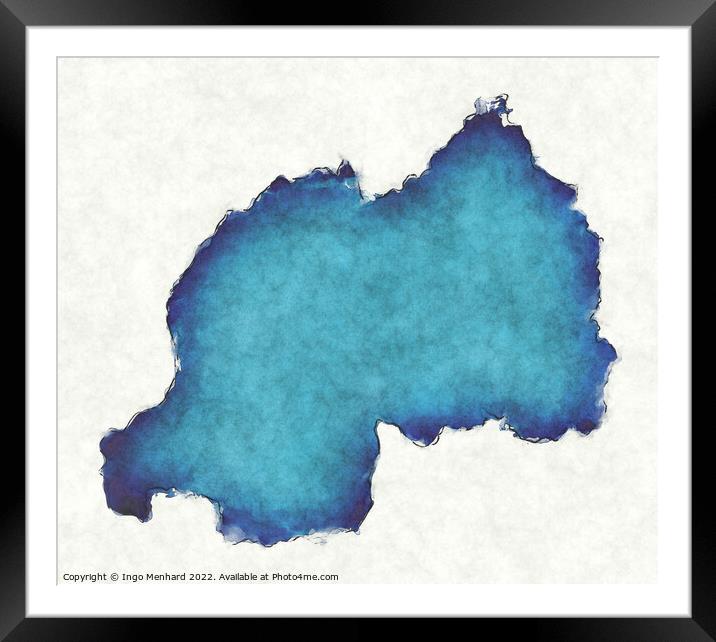 Rwanda map with drawn lines and blue watercolor illustration Framed Mounted Print by Ingo Menhard