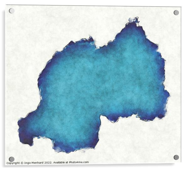 Rwanda map with drawn lines and blue watercolor illustration Acrylic by Ingo Menhard