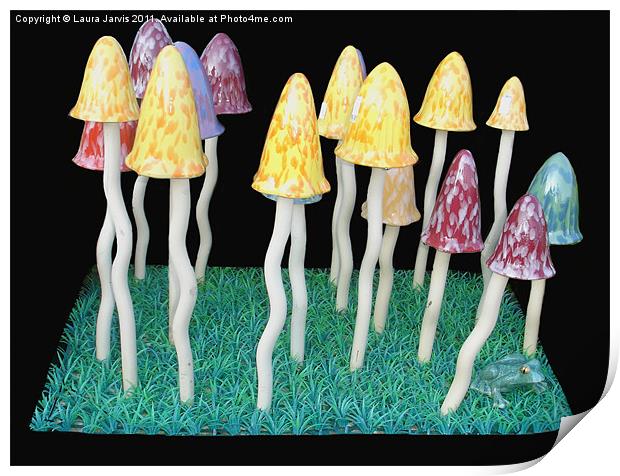 Toadstool and Frog garden ornaments. Print by Laura Jarvis