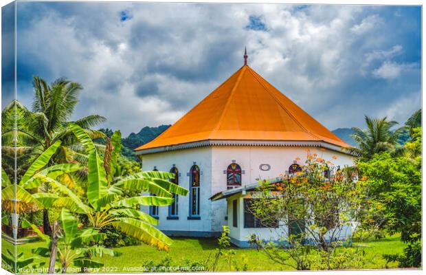 Colorful Garden Papetoai Temple Protestant Church Moorea Tahiti Canvas Print by William Perry