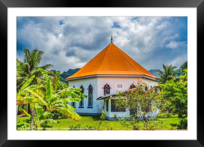 Colorful Garden Papetoai Temple Protestant Church Moorea Tahiti Framed Mounted Print by William Perry
