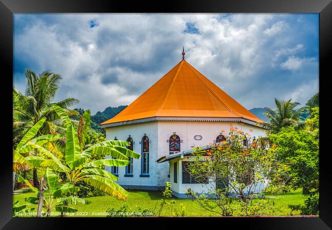 Colorful Garden Papetoai Temple Protestant Church Moorea Tahiti Framed Print by William Perry