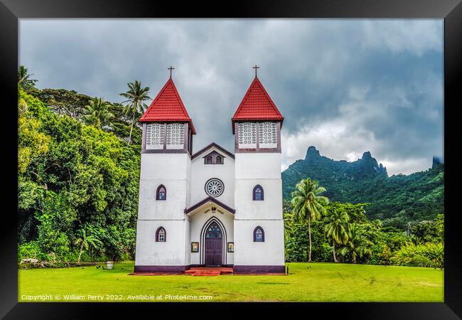 Colorful Sainte Famille Holy Family Church Haapiti Moorea Tahiti Framed Print by William Perry