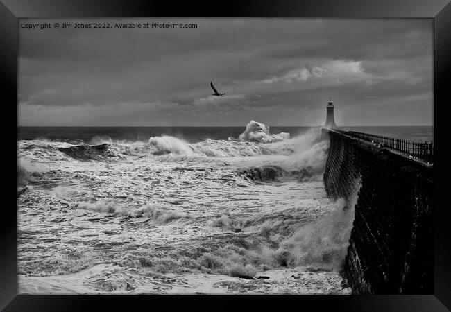 Stormy weather at Tynemouth Pier - Monochrome Framed Print by Jim Jones