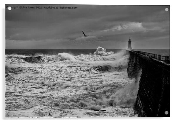 Stormy weather at Tynemouth Pier - Monochrome Acrylic by Jim Jones