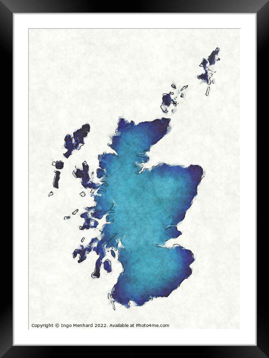 Scotland map with drawn lines and blue watercolor illustration Framed Mounted Print by Ingo Menhard