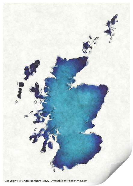 Scotland map with drawn lines and blue watercolor illustration Print by Ingo Menhard