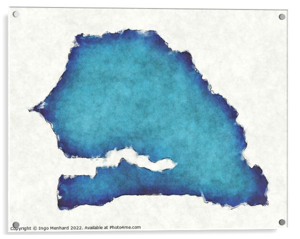 Senegal map with drawn lines and blue watercolor illustration Acrylic by Ingo Menhard
