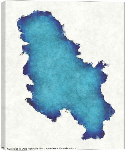 Serbia map with drawn lines and blue watercolor illustration Canvas Print by Ingo Menhard
