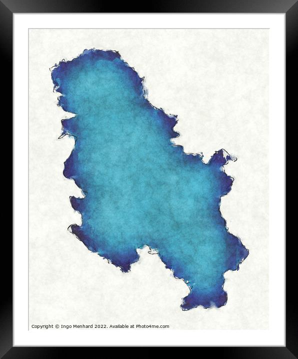 Serbia map with drawn lines and blue watercolor illustration Framed Mounted Print by Ingo Menhard