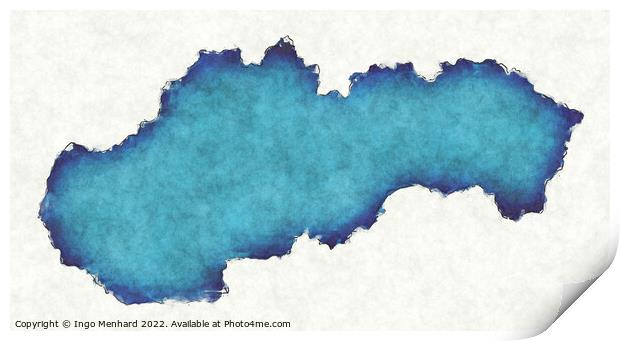 Slovakia map with drawn lines and blue watercolor illustration Print by Ingo Menhard
