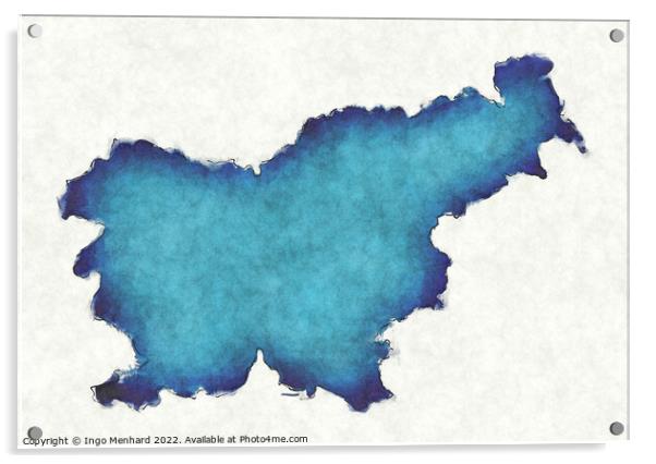 Slovenia map with drawn lines and blue watercolor illustration Acrylic by Ingo Menhard