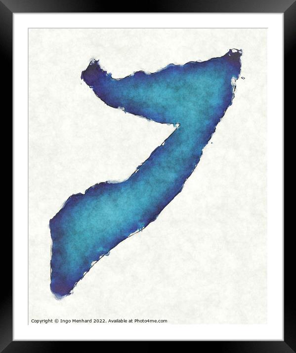 Somalia map with drawn lines and blue watercolor illustration Framed Mounted Print by Ingo Menhard