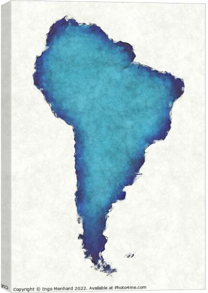 South America map with drawn lines and blue watercolor illustrat Canvas Print by Ingo Menhard