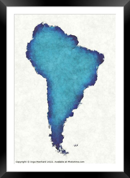 South America map with drawn lines and blue watercolor illustrat Framed Mounted Print by Ingo Menhard