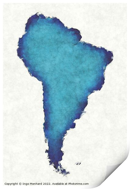 South America map with drawn lines and blue watercolor illustrat Print by Ingo Menhard