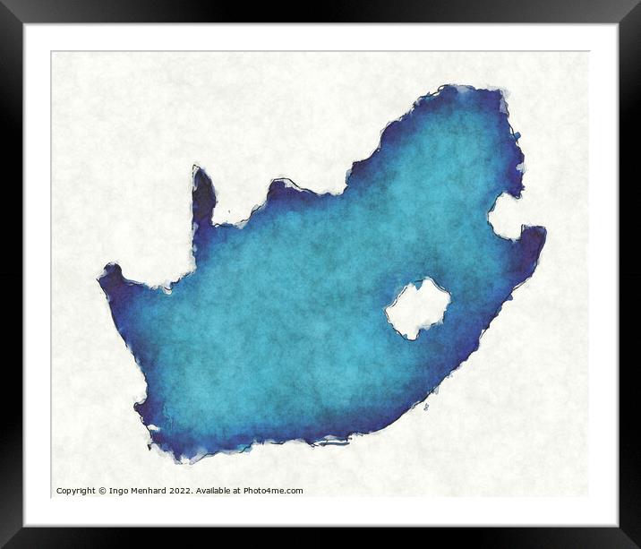 South Africa map with drawn lines and blue watercolor illustrati Framed Mounted Print by Ingo Menhard