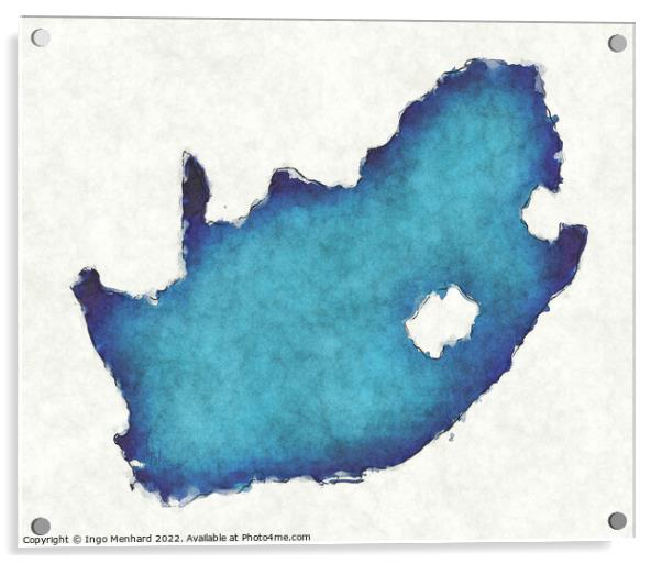 South Africa map with drawn lines and blue watercolor illustrati Acrylic by Ingo Menhard