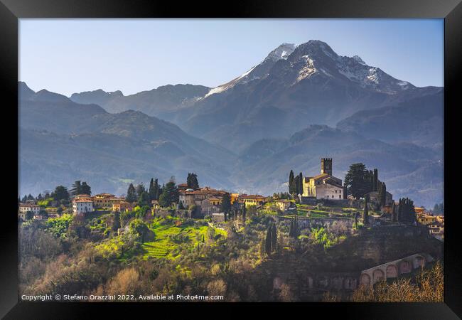 Barga town and Alpi Apuane mountains. Garfagnana, Tuscany Framed Print by Stefano Orazzini