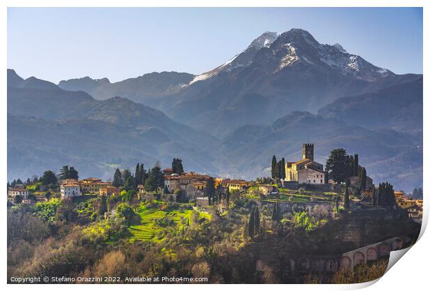 Barga town and Alpi Apuane mountains. Garfagnana, Tuscany Print by Stefano Orazzini