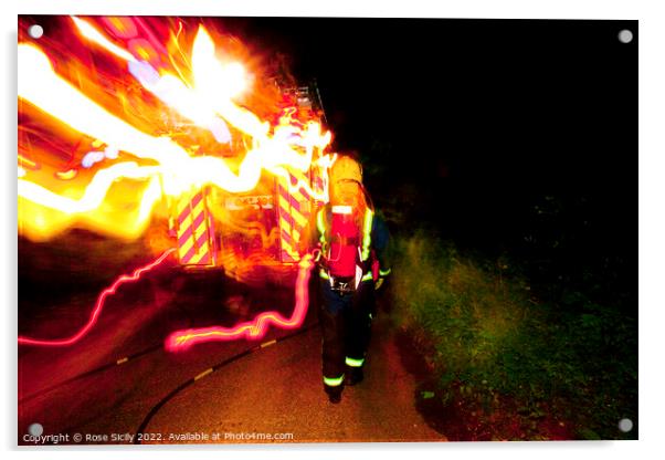 Firefighter in breathing apparatus and fire appliance with blurred lights at a fire Acrylic by Rose Sicily