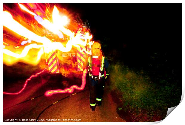 Firefighter in breathing apparatus and fire appliance with blurred lights at a fire Print by Rose Sicily