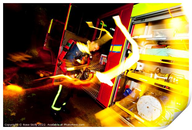 Firefighter in breathing apparatus and fire appliance with blurred lights at a fire Print by Rose Sicily