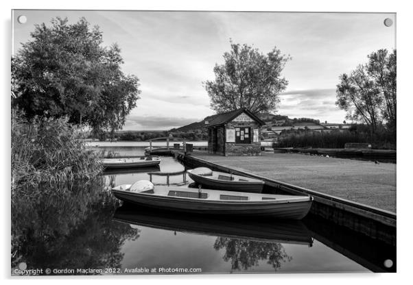 Boats moored in Llangorse Lake, Monochrome Acrylic by Gordon Maclaren