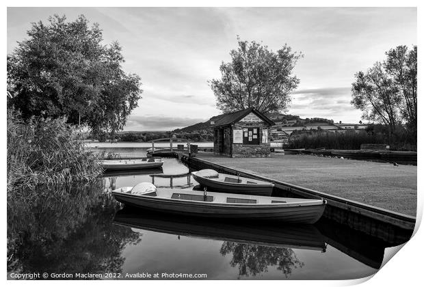 Boats moored in Llangorse Lake, Monochrome Print by Gordon Maclaren