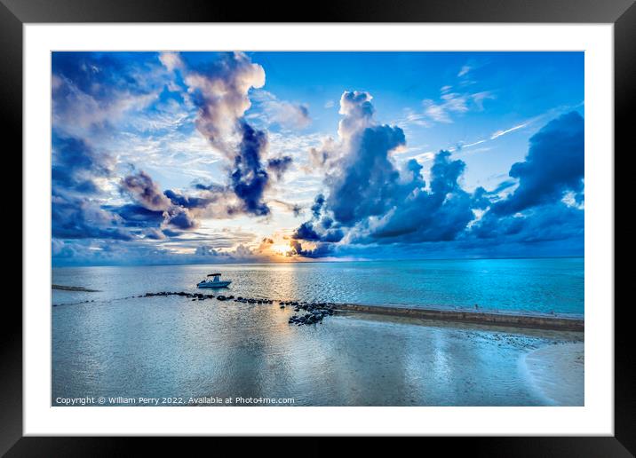 Colorful Sunset Cloudscape Boat Breakwater Blue Water Moorea Tah Framed Mounted Print by William Perry