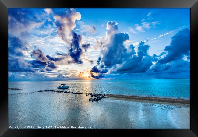 Colorful Sunset Cloudscape Boat Breakwater Blue Water Moorea Tah Framed Print by William Perry
