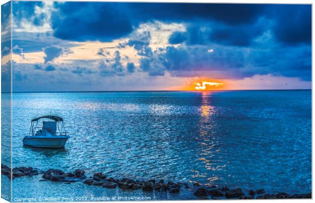Colorful Sunset Cloudscape Boat Breakwater Blue Water Moorea Tah Canvas Print by William Perry