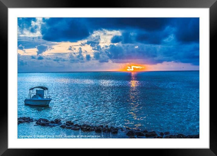 Colorful Sunset Cloudscape Boat Breakwater Blue Water Moorea Tah Framed Mounted Print by William Perry