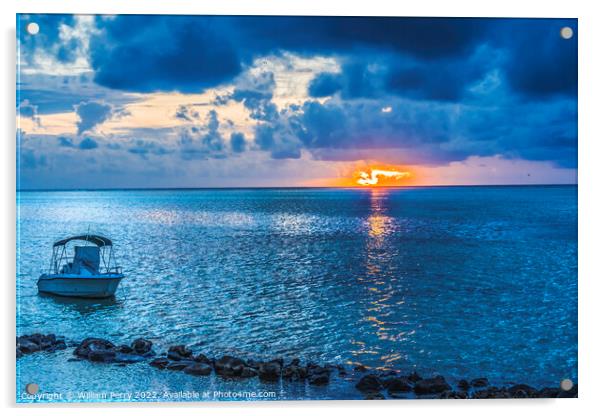 Colorful Sunset Cloudscape Boat Breakwater Blue Water Moorea Tah Acrylic by William Perry