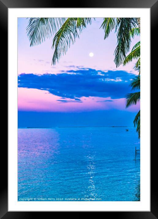 Sunset Evening Moon Reflection Blue Water Moorea Tahiti Framed Mounted Print by William Perry