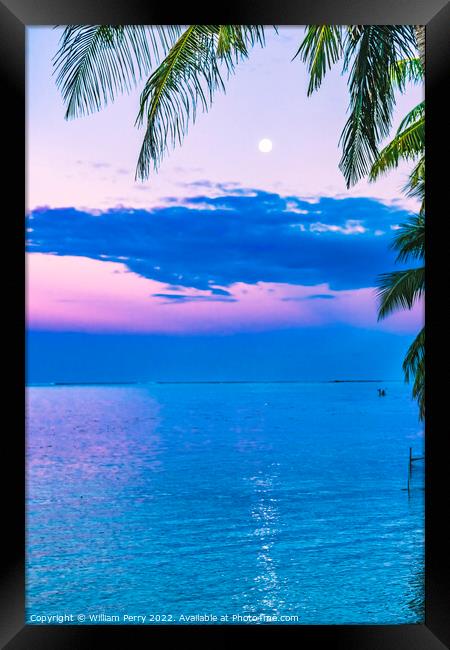 Sunset Evening Moon Reflection Blue Water Moorea Tahiti Framed Print by William Perry