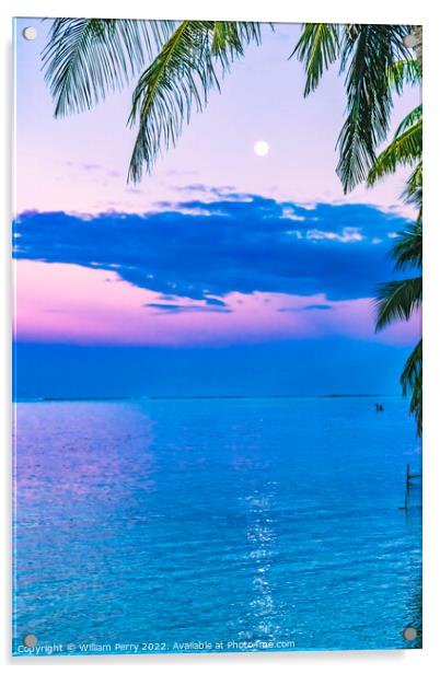 Sunset Evening Moon Reflection Blue Water Moorea Tahiti Acrylic by William Perry