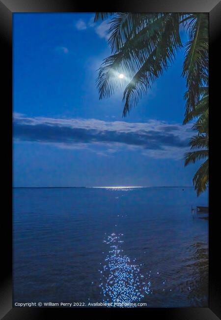 Moon Night Reflection Blue Water Moorea Tahiti Framed Print by William Perry