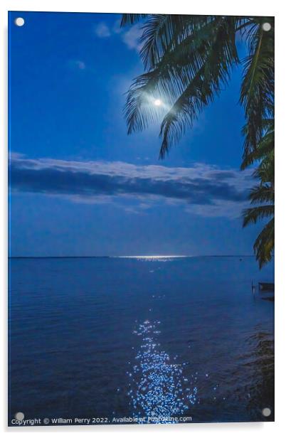 Moon Night Reflection Blue Water Moorea Tahiti Acrylic by William Perry
