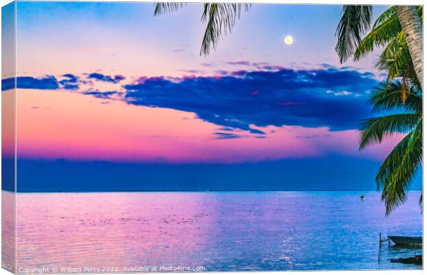 Moon Sunset Reflection Blue Water Moorea Tahiti Canvas Print by William Perry