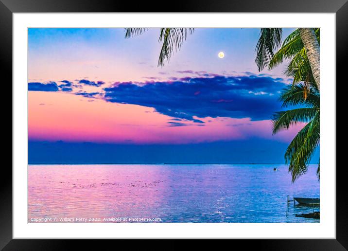 Moon Sunset Reflection Blue Water Moorea Tahiti Framed Mounted Print by William Perry