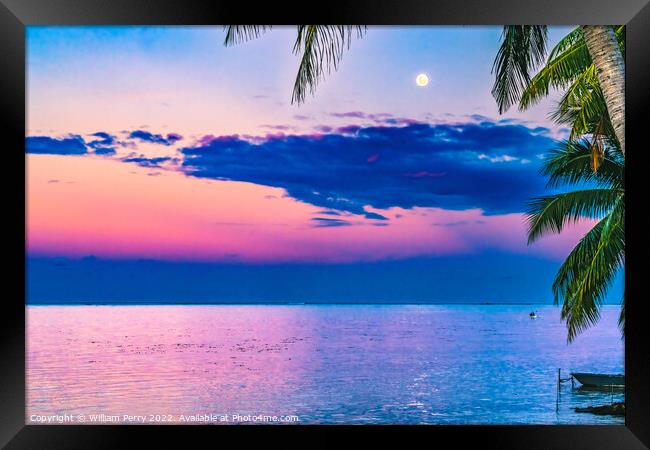 Moon Sunset Reflection Blue Water Moorea Tahiti Framed Print by William Perry