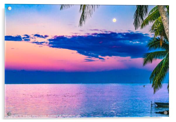 Moon Sunset Reflection Blue Water Moorea Tahiti Acrylic by William Perry