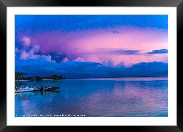 Colorful Pink Sunset Boat Water Reflection Moorea Tahiti Framed Mounted Print by William Perry