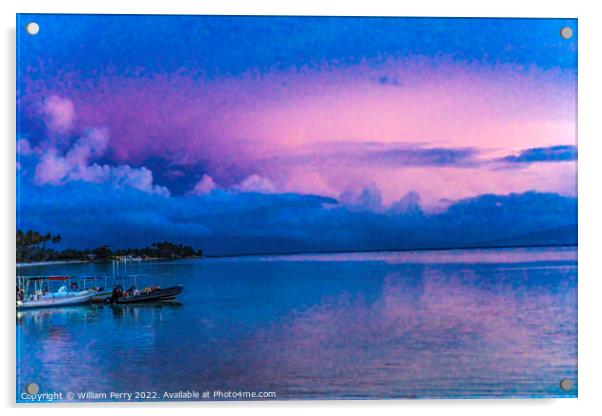 Colorful Pink Sunset Boat Water Reflection Moorea Tahiti Acrylic by William Perry