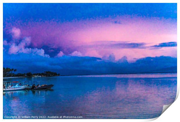 Colorful Pink Sunset Boat Water Reflection Moorea Tahiti Print by William Perry
