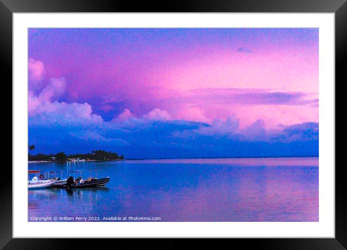 Colorful Pink Sunset Boat Water Reflection Moorea Tahiti Framed Mounted Print by William Perry