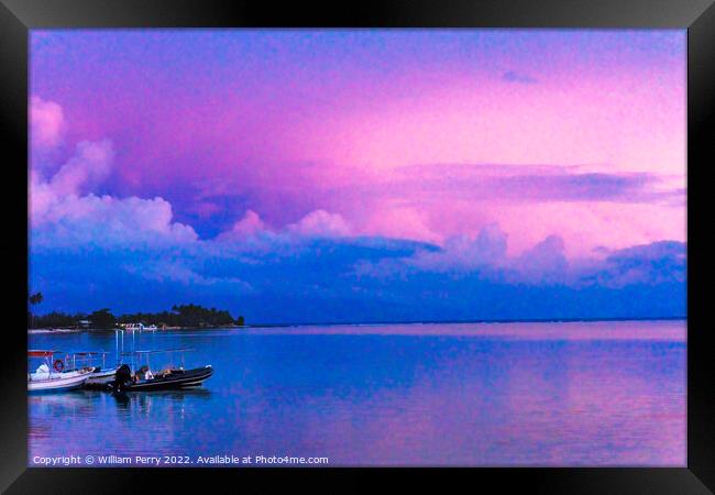 Colorful Pink Sunset Boat Water Reflection Moorea Tahiti Framed Print by William Perry