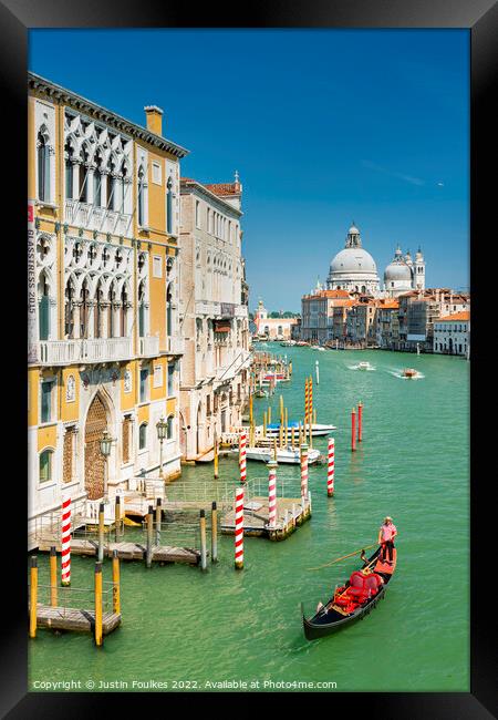 Gondolier, Grand Canal, Venice, Italy Framed Print by Justin Foulkes