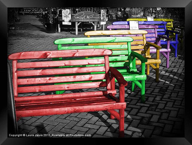 Colourful Garden chairs. Framed Print by Laura Jarvis